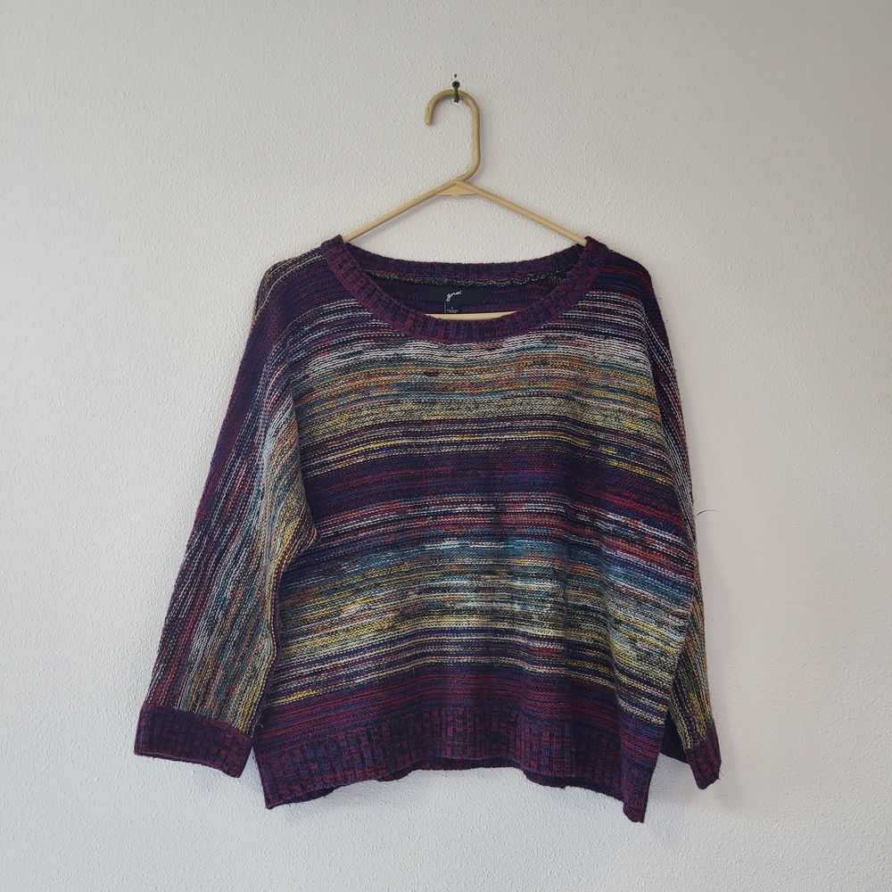 a.n.a Multicolor Striped Crewneck Sweater with Purple Accents
